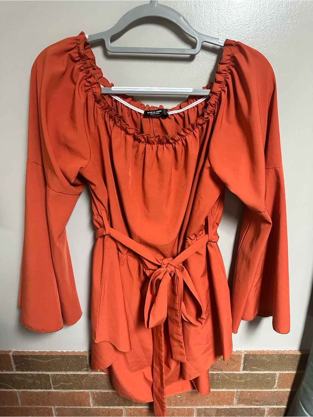 SHEIN Orange Ruffle-Neck Tie-Waist Tunic